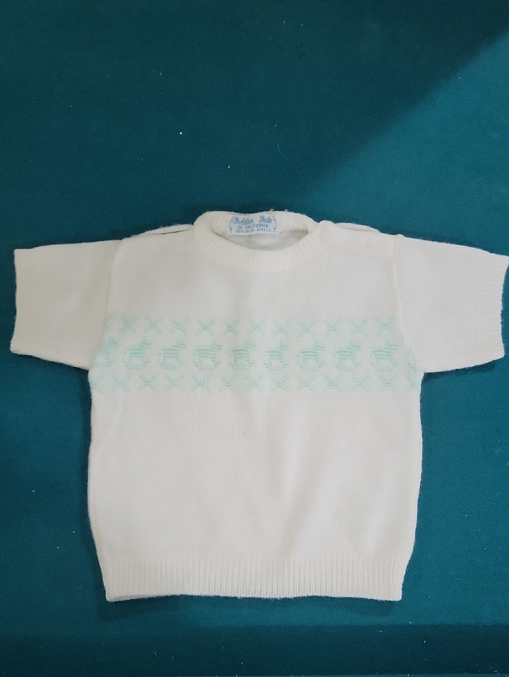 White Short Sleeve Knit Sweater with Mint Pattern